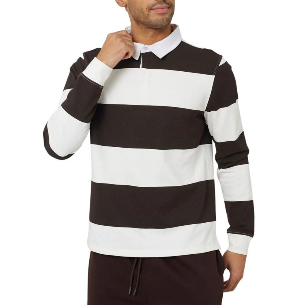 Brave Soul Mens Long-Sleeved Polo Shirt / Cream/Brown